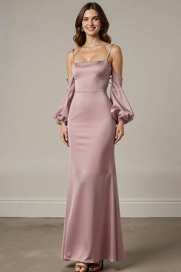 Robe longue formelle en satin sirène rose clair avec manches